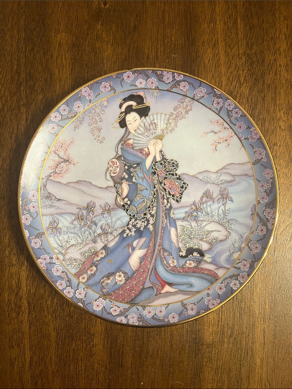 Decorative Porcelain Wall Plate with Blue and Pink Geisha Motif